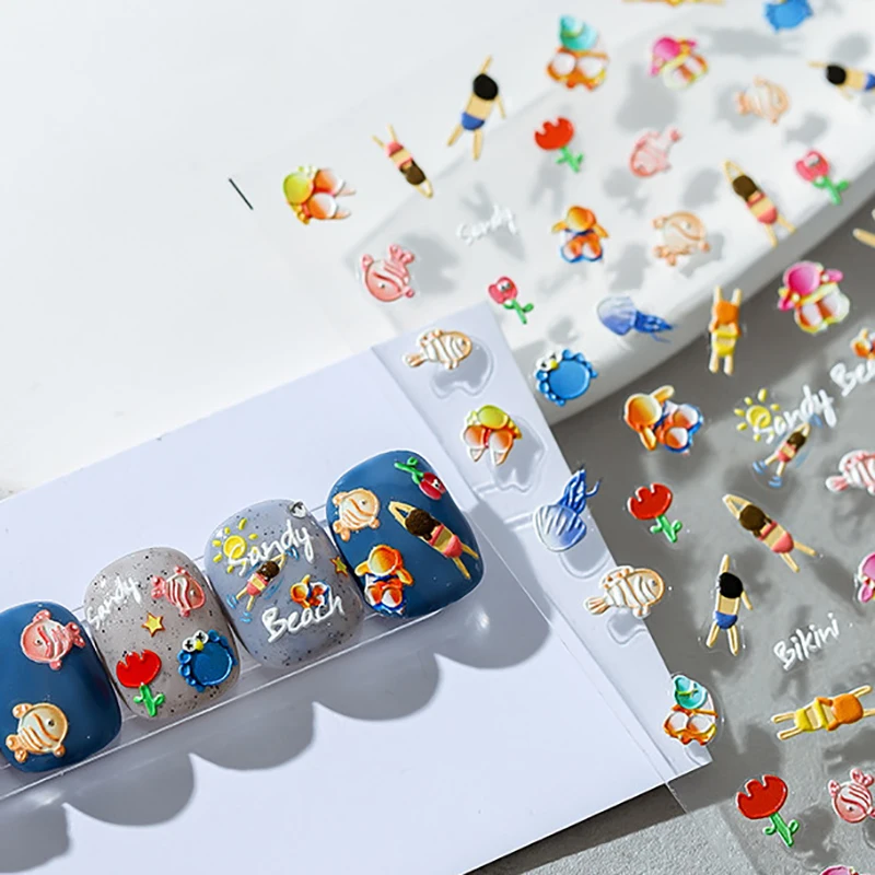 Мультяшные летние пляжные 5D мягкие рельефные Самоклеящиеся украшения для ногтей