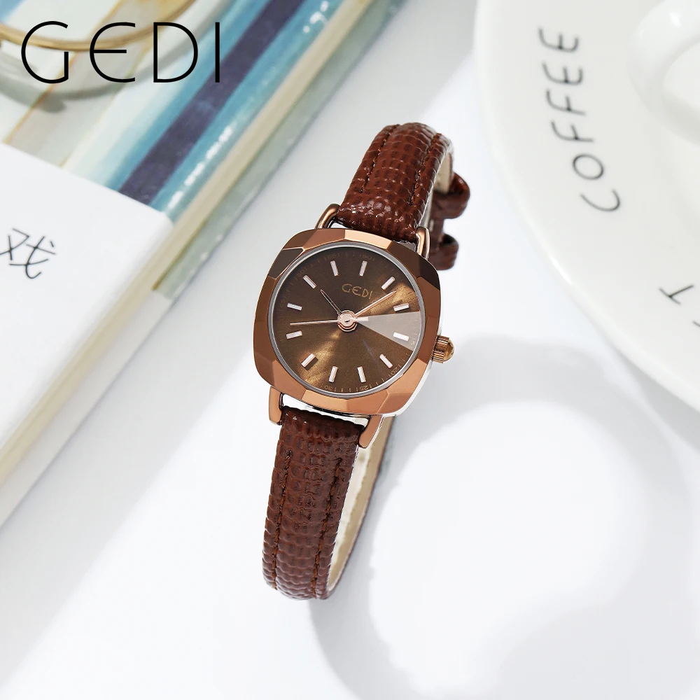 GEDI Retro Fashion Square Quartz Wrist Watch for Women Luxury Brand  Leather Strap Vintage Ultra-thin Waterproof Ladies Watches