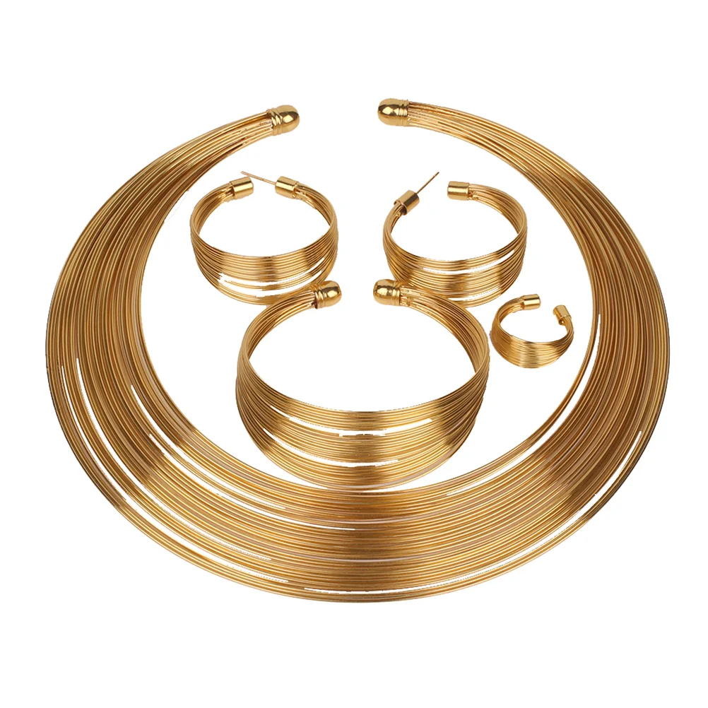 

Metal Four-piece Suit Necklace Earring Ring Bracelet African Jewelry Set for Bridal Wedding (Gold)