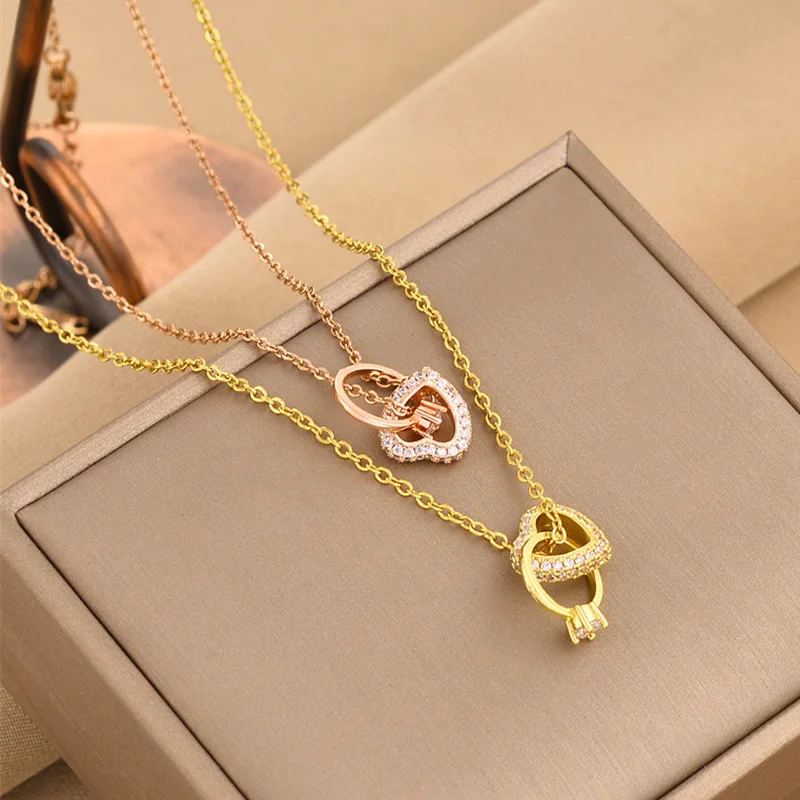 

New Luxury Stainless Steel Zircon Inlaid Heart Ring Pendant Necklaces For Women Korean Fashion Female Wedding Jewelry Neck Chain