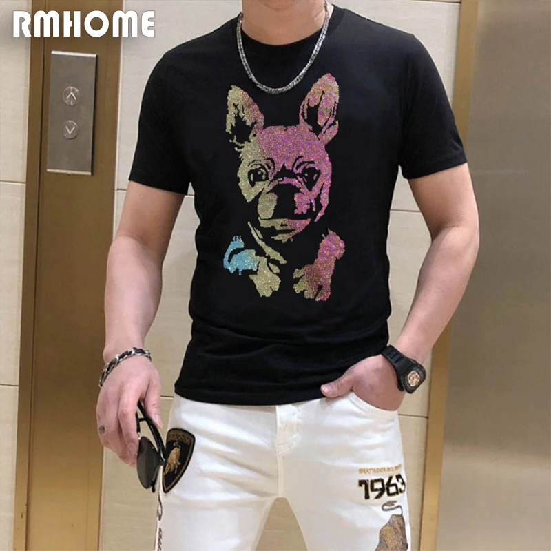 

Men's Short Sleeve T-shirt Fashion Dog Head Cartoon Rhinestone Leisure Large Cotton Streetwear Male Tees Trendy Brand Clothing
