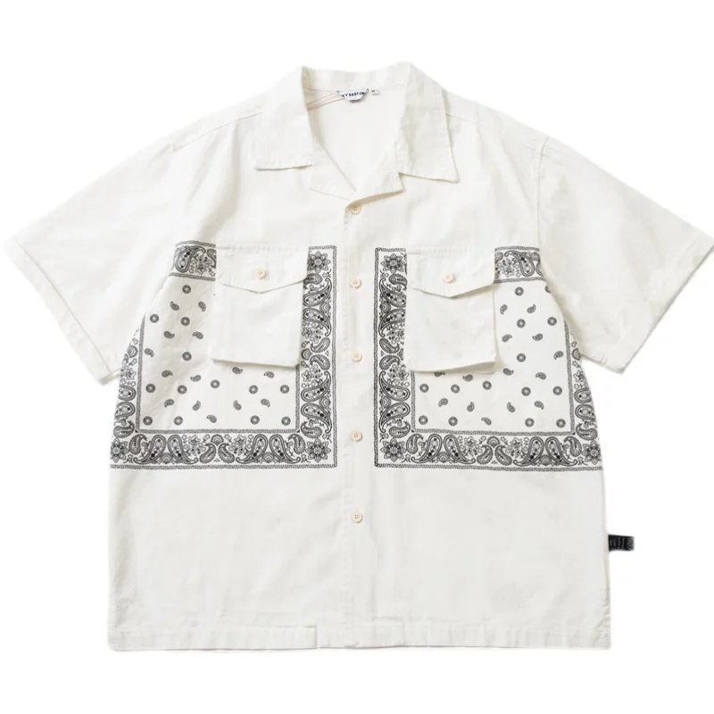 Japanese Cashew Flower Print Short Sleeve Shirt Men's Youth Loose Cityboy Summer White Navy Shirt Casual Turn-down Collar