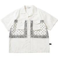 japanese cashew flower print short sleeve shirt mens youth loose cityboy summer white navy shirt casual turn down collar