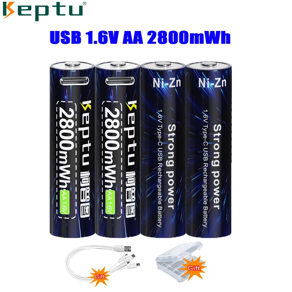 

KEPTU 2800mWh 1.6V AA Rechargeable Battery 1.6V Ni-Zn USB aa Batteries 2a battery for Digital Camera Toys + Gift Type-C Cable