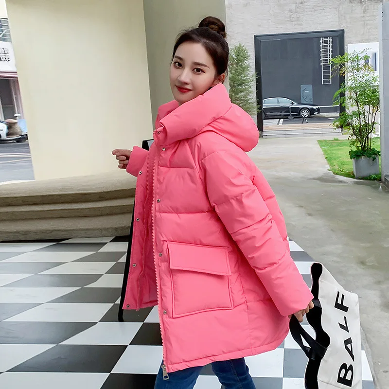 Thicken Warm Coats Autumn Winter Down Jacket Women Parkas Casual Simplicity Solid Color Big Pocket Loose Hooded Coat Jackets