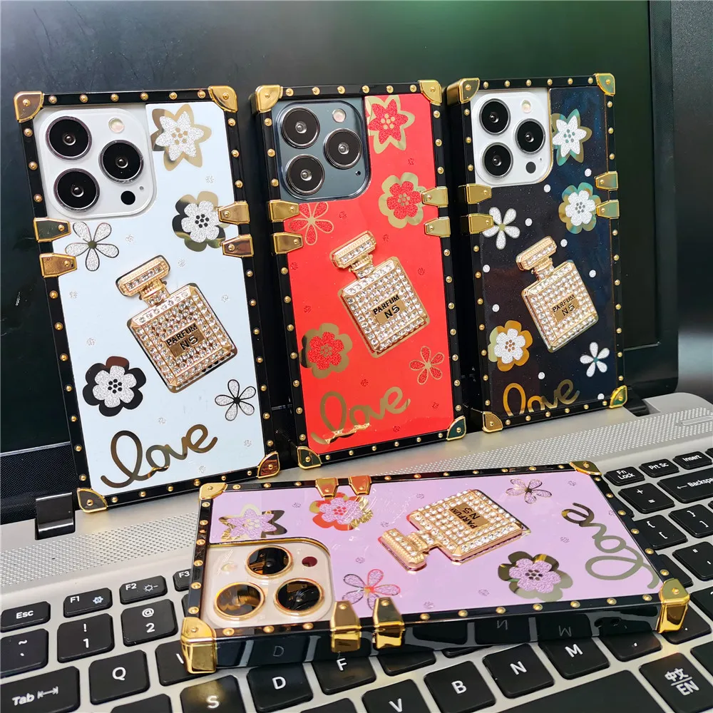 

Fashion Square Gold Glitter Perfume Bottle Flower Phone Case For iPhone 12 13 11 Pro MAX X XR XS Max 6 7 8 Plus Soft Back Cover