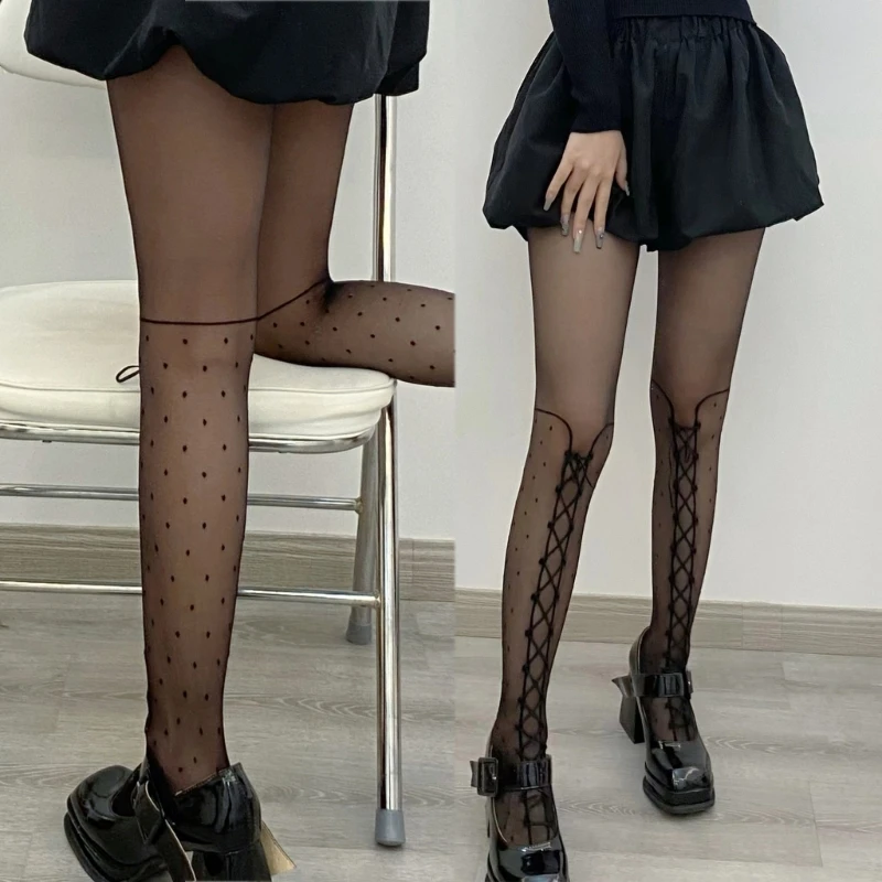 

Новинка 2023, пикантные женские прозрачные колготки, колготки, японские колготки с перекрестной шнуровкой, винтажные чулки с принтом в гороше...
