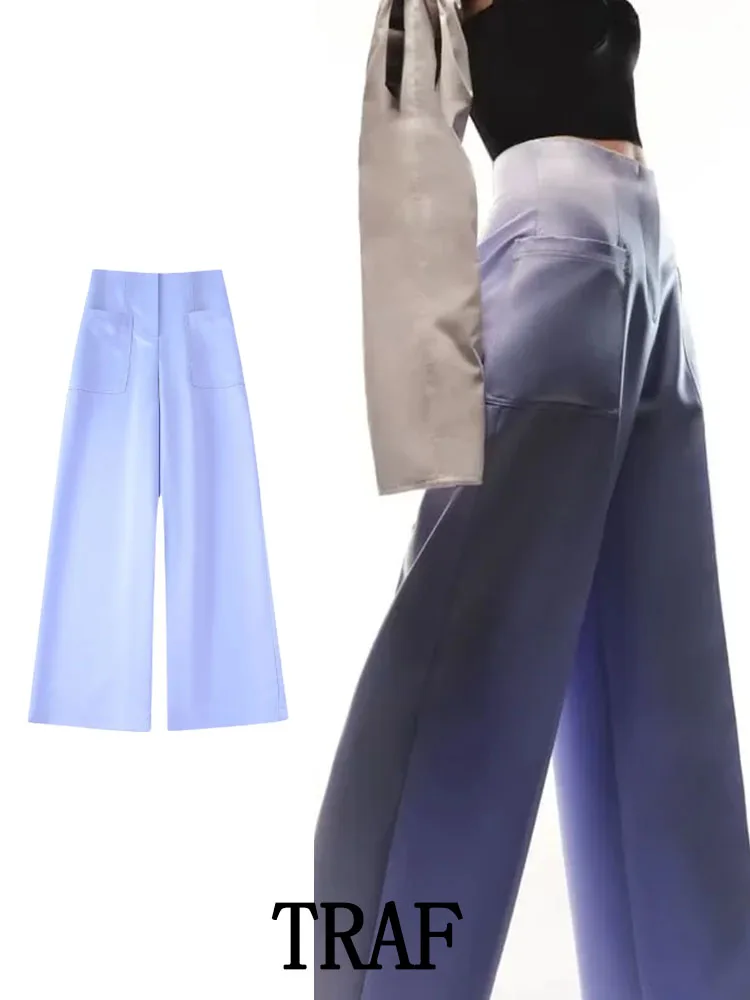 

TRAF ZA&ree 2022 Women Satin Texture Pants Fashion Trousers High Waist Casual Baggy Wide Leg Pants With Pockets Femal Pants