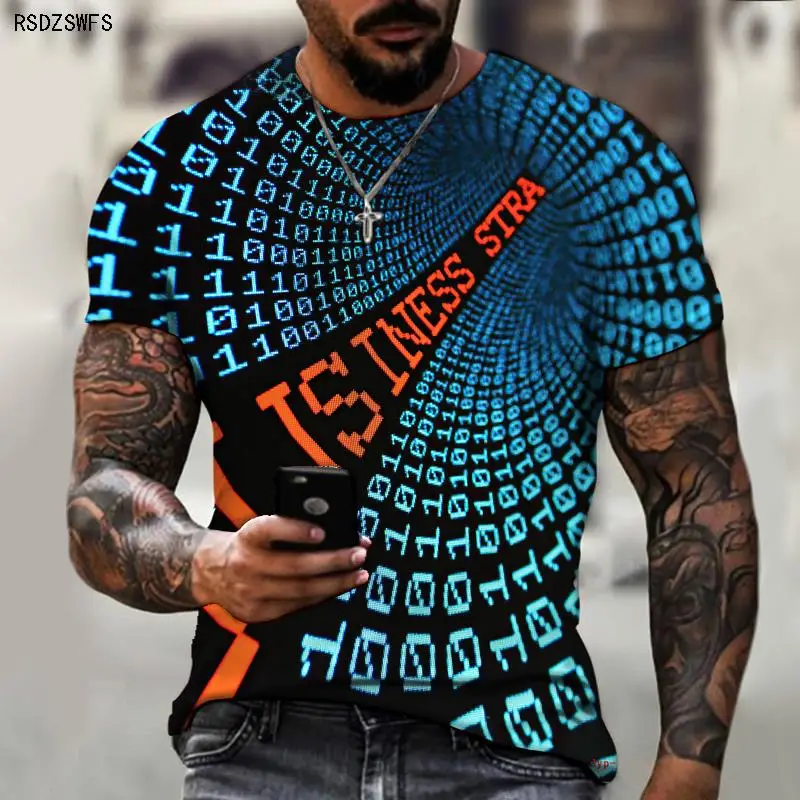 Brand Men's Summer Short Sleeve Tech Swirl Digital Information 3D Printing Men's T-shirt Harajuku Fashion Streetwear Size 5XL