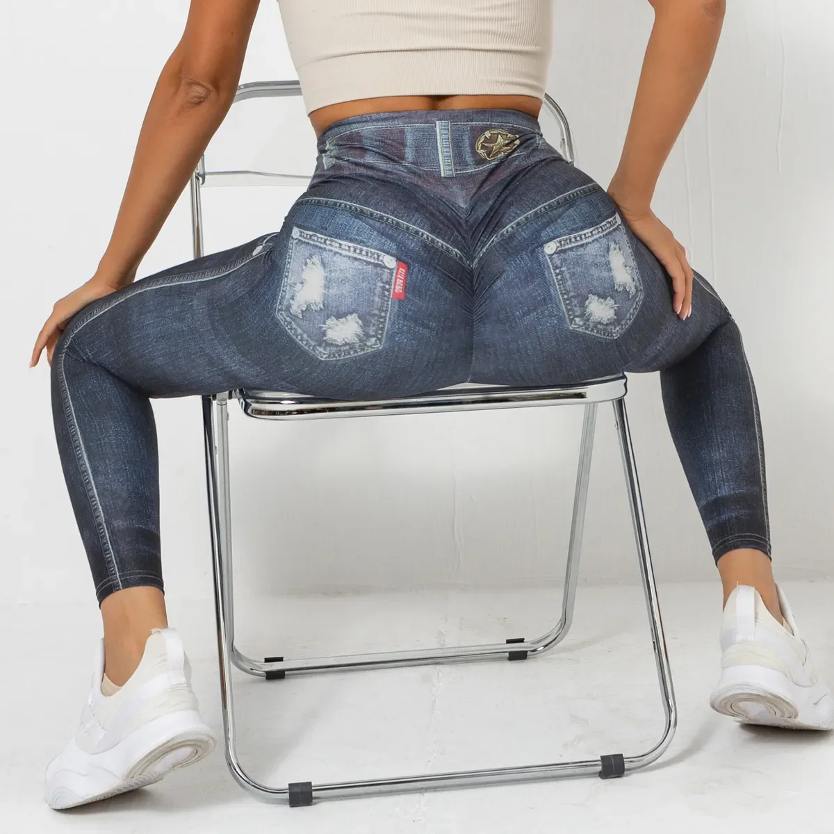 

Push Up Yoga Pants Women Fitness Leggings Imitation Jeans Patchwrok Scrunch Tights High Waist Leggings Gym Workout Sport Leggins