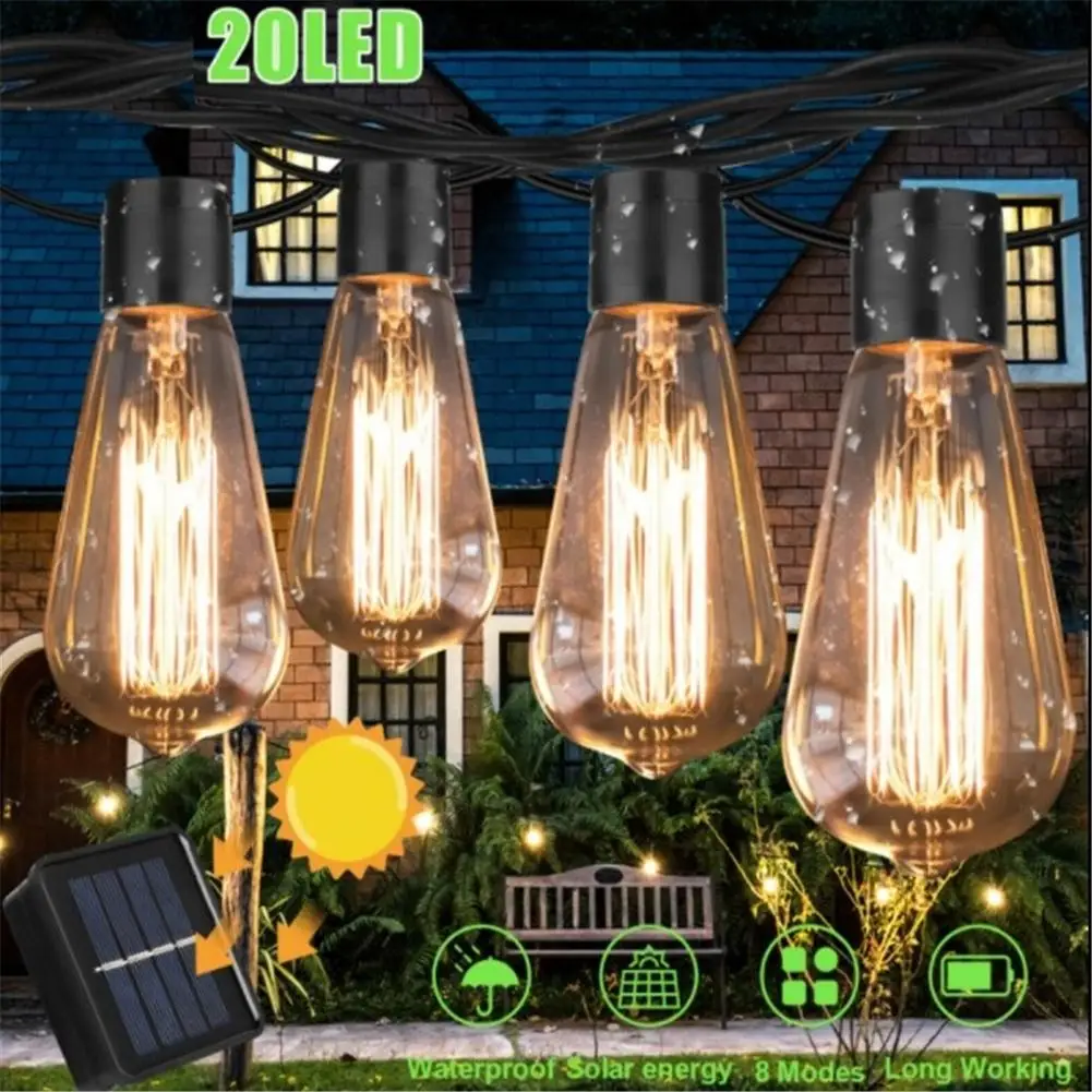 

5m Solar 20 Led String Lights 8 Modes Outdoor Ip43 Waterproof Edison Light Bulb Garden Decor Lamp
