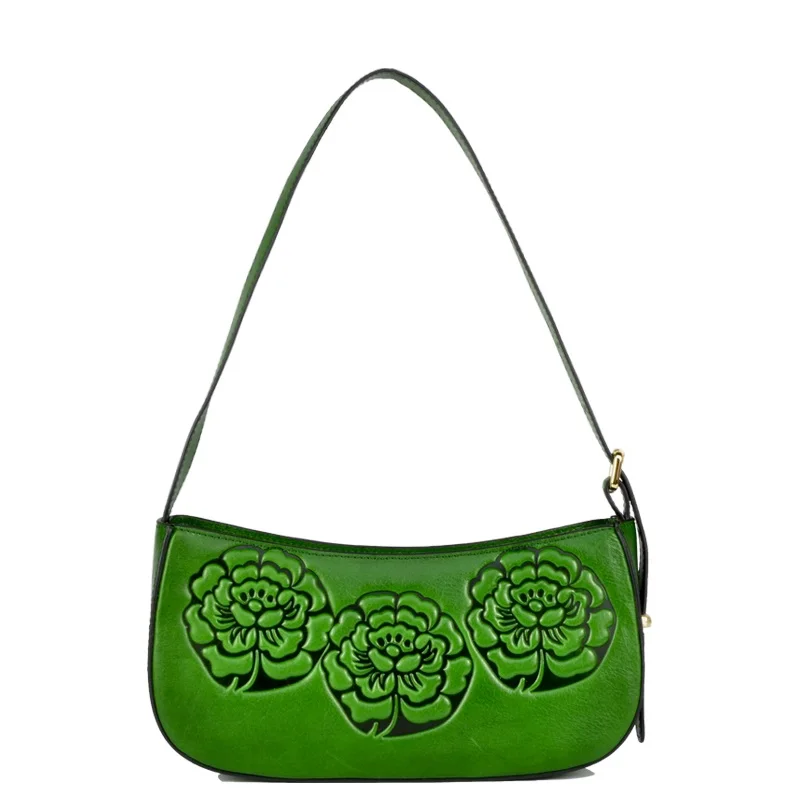 

First Layer Cow Leather Women Shoulder Bags Floral Pattern Genuine Leather Handbags Small Real Cowhide handbag