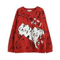 kchy plus size knitted sweater women catoon tiger jacquard red knitwear loose pullover soft top 2022 spring new year cloth