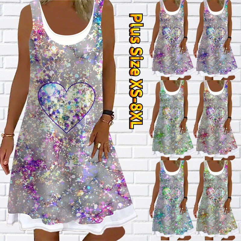

2022 New Summer Women Love Heart Printed Skirt Round Collar Sleeveless Dress Female Fashion Casual Simple Wind Sundress Size