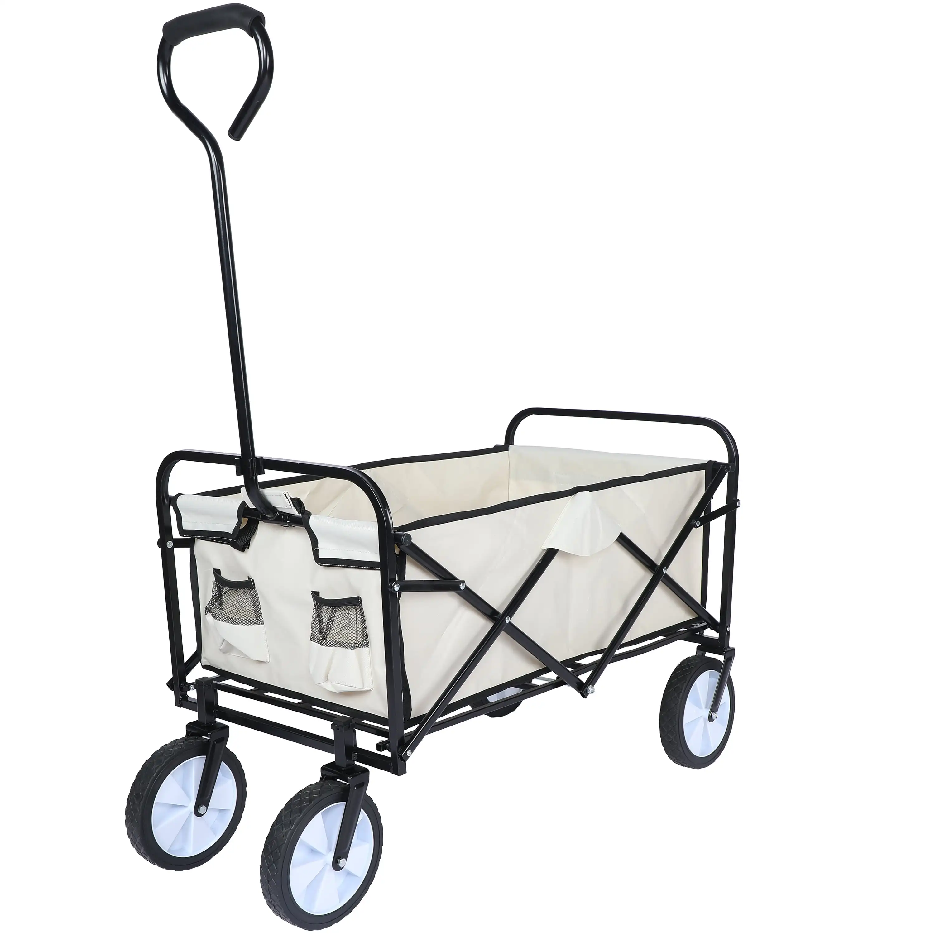 

Folding Wagon Cart, Convenient Collapsible Outdoor Wagon with Metal Frame for Camping, Shopping, White