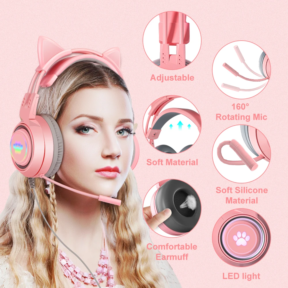 Игровые наушники Pink Girls Cat с микрофоном для ноутбука RGB LED шумоподавлением Стерео