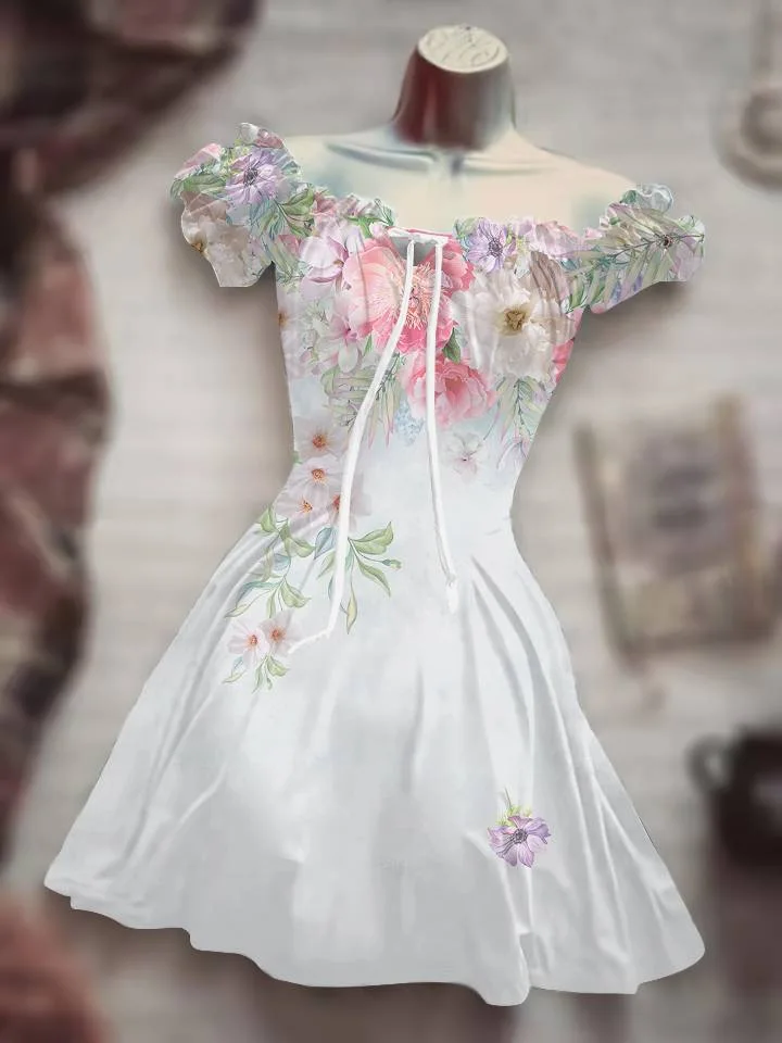 

2021 Summer Hot Sale 3D Digital Print Ethnic Style Retro Ethnic Style Lantern Sleeve White Embroidery Mid-Waist Women's Clothing