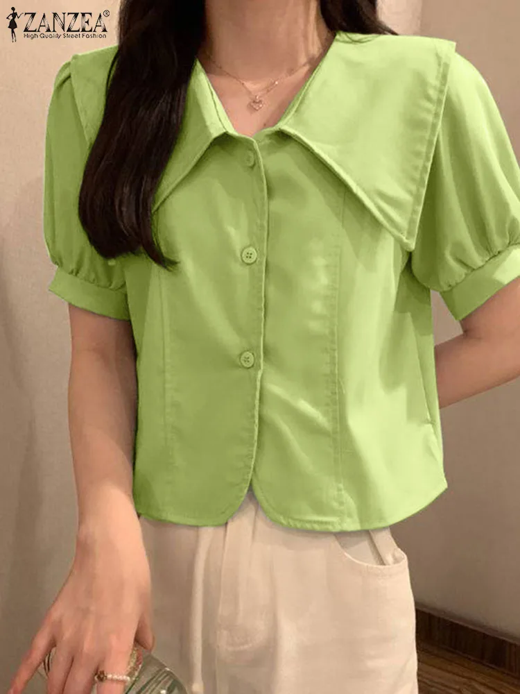 

Блузка ZANZEA Женская короткая с пышными рукавами, модная плиссированная рубашка в Корейском стиле, элегантная Милая однотонная, лето 2022