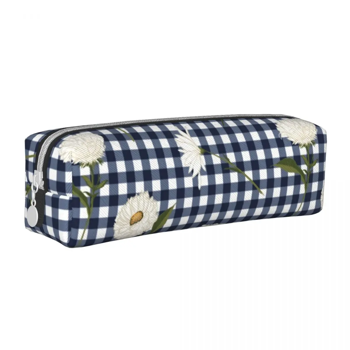 

Pretty Floral Daisy Gingham Square Pencil Case White Daisies Boy Girl Retro Leather Pencil Box Stationery Zipper Pen Pouch