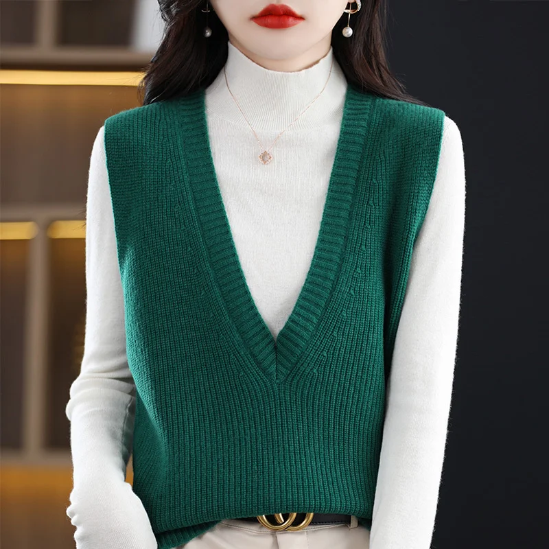 

#3925 Knitted Pullover Sweater Vest Women V-neck Solid Color Sleeveless Knitted Vest Female Pullovers Outerwear Knit Vest Winter