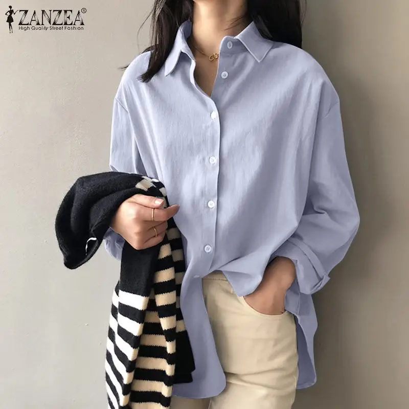 

Spring Autumn Baggy Cotton Blouse Women Solid High Low Shirt ZANZEA Oversized Long Sleeve Tops Casual OL Lapel Irregular Blusas
