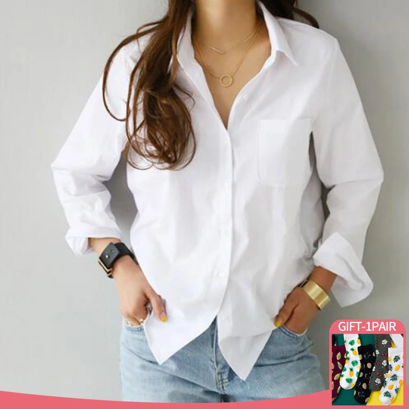 

Женская свободная рубашка с длинным рукавом, Повседневная белая блузка на пуговицах, лето-осень, 2022