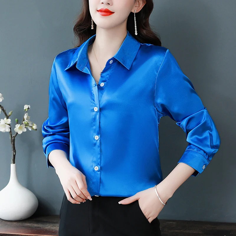 

Korean Fashion Satin Women Shirts Silk Office Ladies Tops Button Up Shirts for Women Long Sleeve Loose Autumn Green Blouse Women