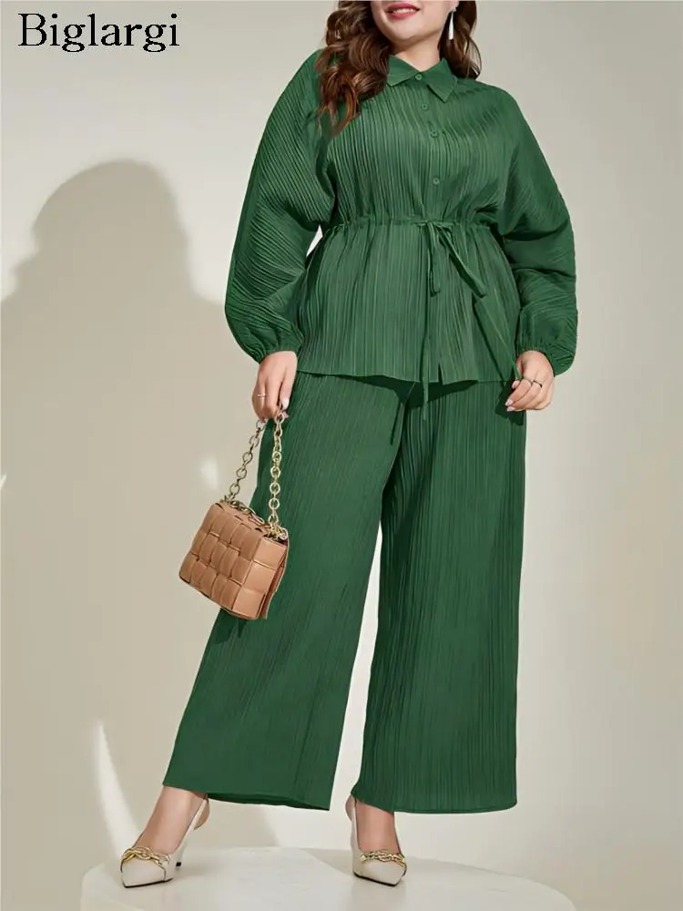 

Женский осенний комплект из 2 предметов, повседневные плиссированные рубашки с длинным рукавом и оборками, Модные свободные женские брюки с широкими штанинами 2023