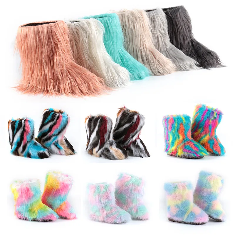 2022 Women Winter Snow Boots Outdoor Faux Wool Boots Luxury Furry Curly Fur Boots Woman Plush Warm Platform Shoes Large Size 44