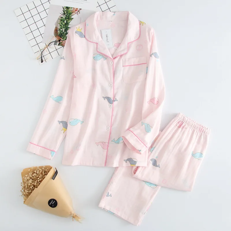 

Women's Cartoon Cotton Pajamas Lapel Sleepwear Set Long Sleeve Trousers Kawaii Homewear Female Summer Thin Breathable Home Suit