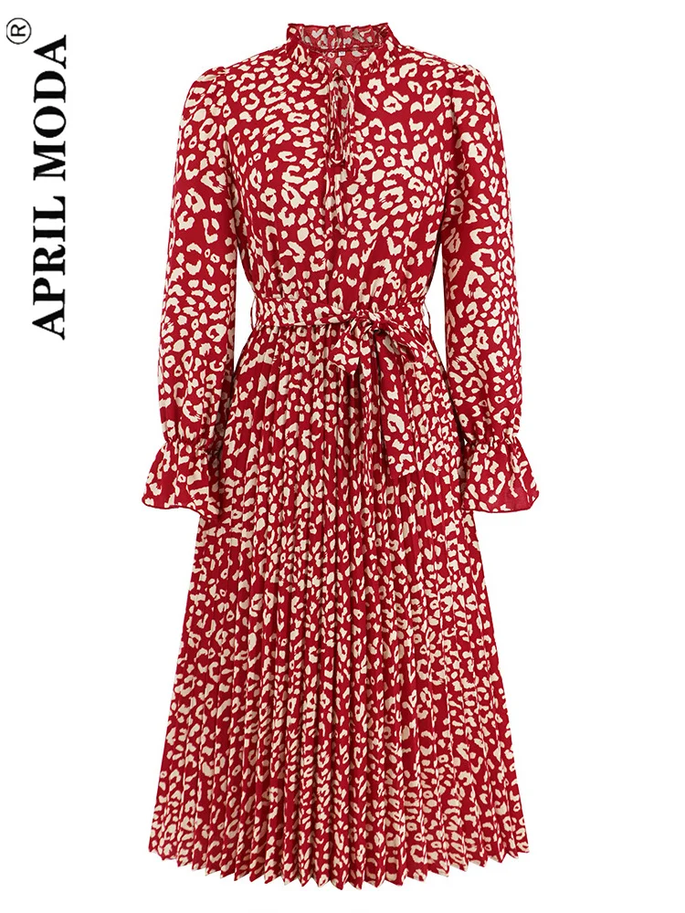

2023 Autumn Winter Vintage Long Midi Runway Dress Leopard Print Bow Neck Retro Casual Pleated Office Ol Women's Dress with Belt