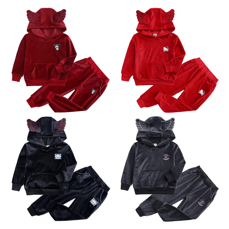 

Новинка, детская аниме одежда Sanrio, толстовки, брюки, костюм Kawaii Kuromi Hello Kitty Cinnamoroll, универсальный пуловер, свитер, наряды