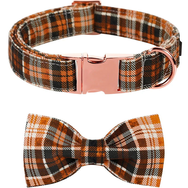 

Personlized Unique Style Paws Fall Plaid Dog Collar with Bow Orange Dog Collar and Flower Pet Dog Collar Large Medium Small Dog