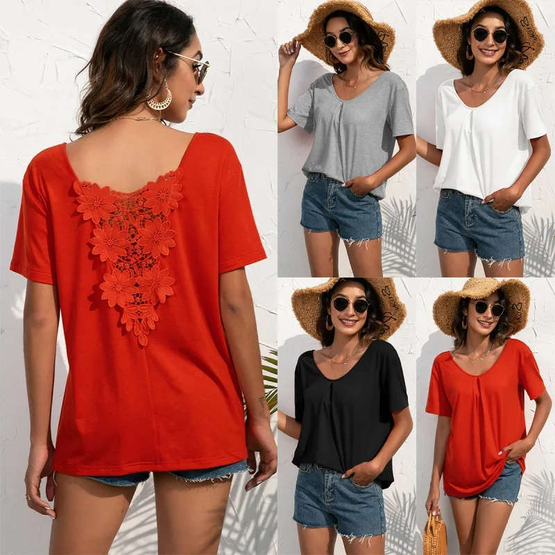 

Casual Lace V-neck Patchwork Pullover Short Sleeved T-shirt Sexy Hollow Backless Top Women 2022 Spring Summer Solid Color