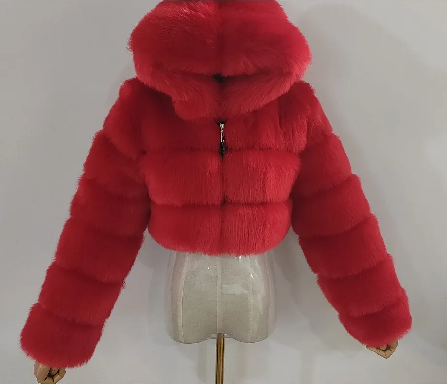 Fur coat patchwork with hat short long sleeved women's clothing