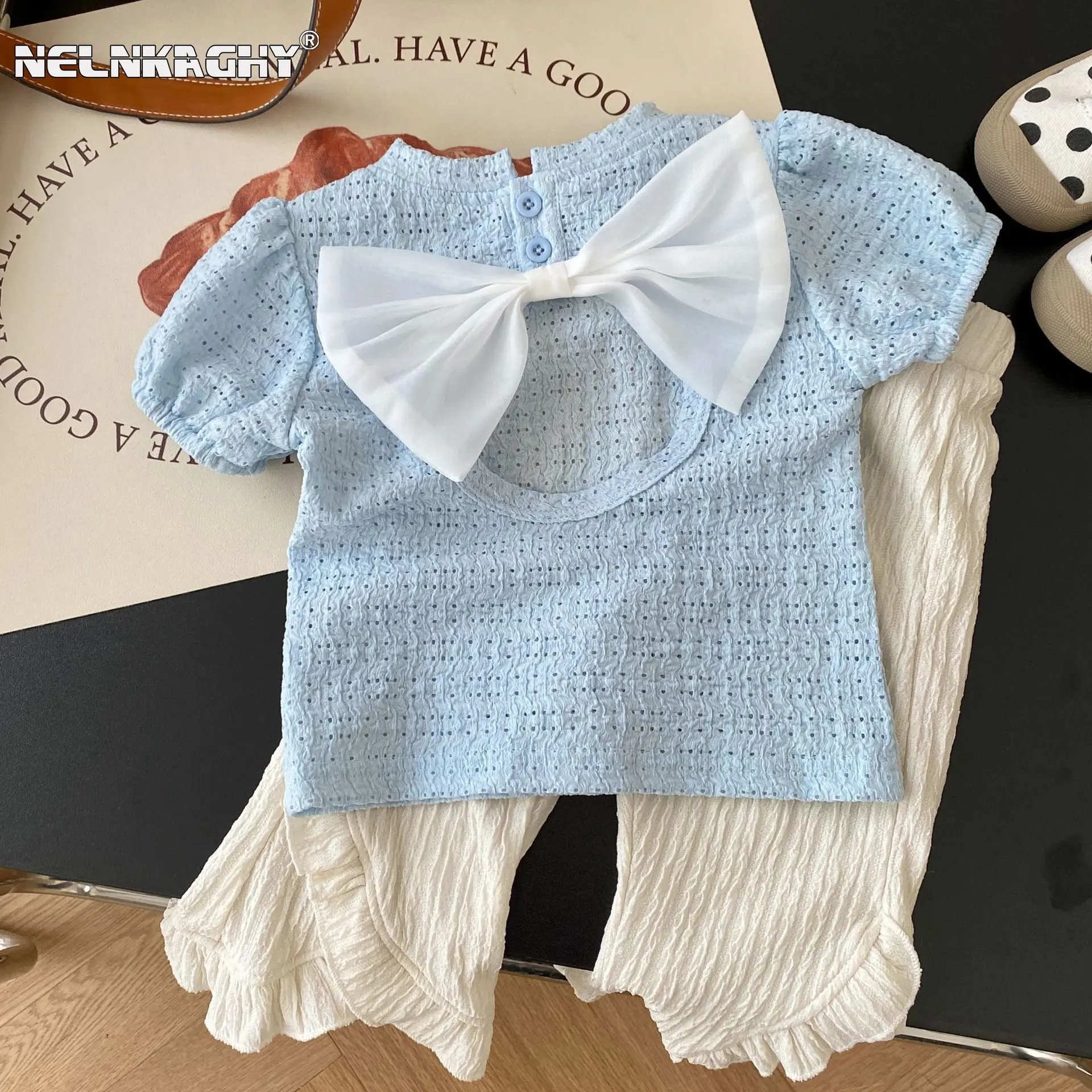 

2023 New in: Baby Girls Backless Bow Top t-shirts Ruched Flare Pants Solid Color - Fashion-Forward Infant Children clothes 3M-6Y