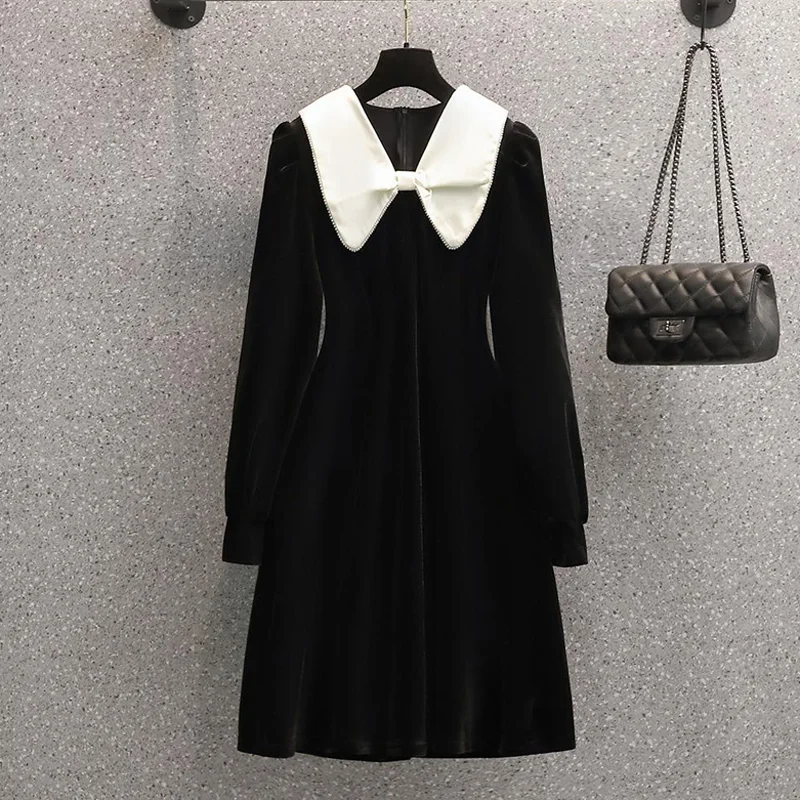 

Plus Size Women Midi Velvet Party Dress Bow Tie Long Sleeve A Line Elegant Spring Autumn Office Lady Casual Black Slim Vestidos