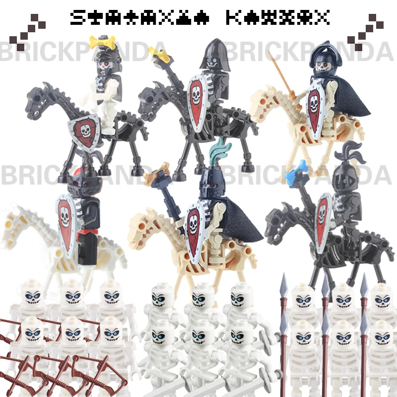 Juego de figuras de soldado de esqueleto de caballero Medieval, bloques de caballo de Guerrero romano, casco de lanza de arco, ballesta, armas, juguetes de bloques