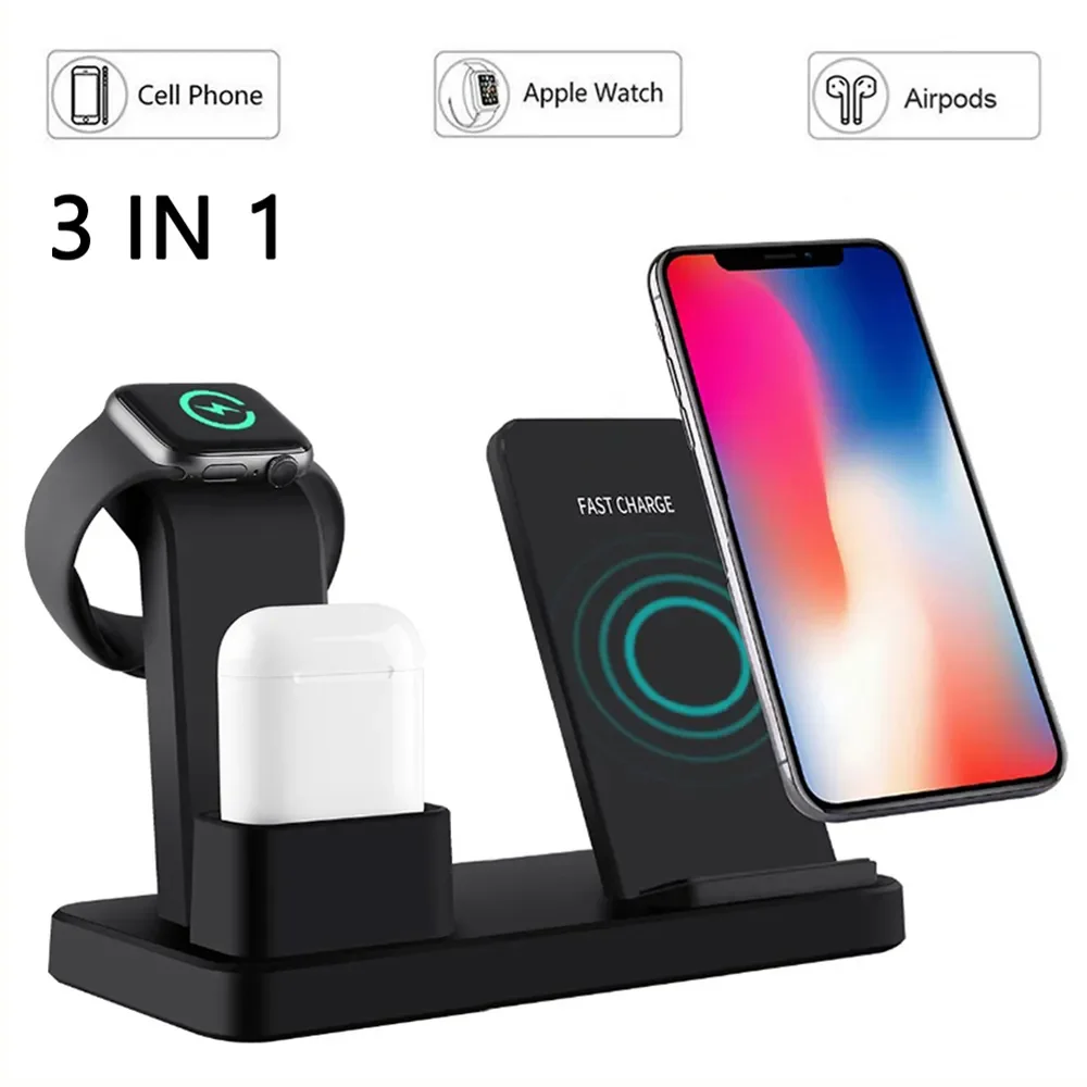 

3 IN 1 QI Wireless Charger Stand for Apple Watch 2 3 4 AirPods iPhone X 8 8Plus XS 11 Pro Max XR Fast Wireless Charging Base