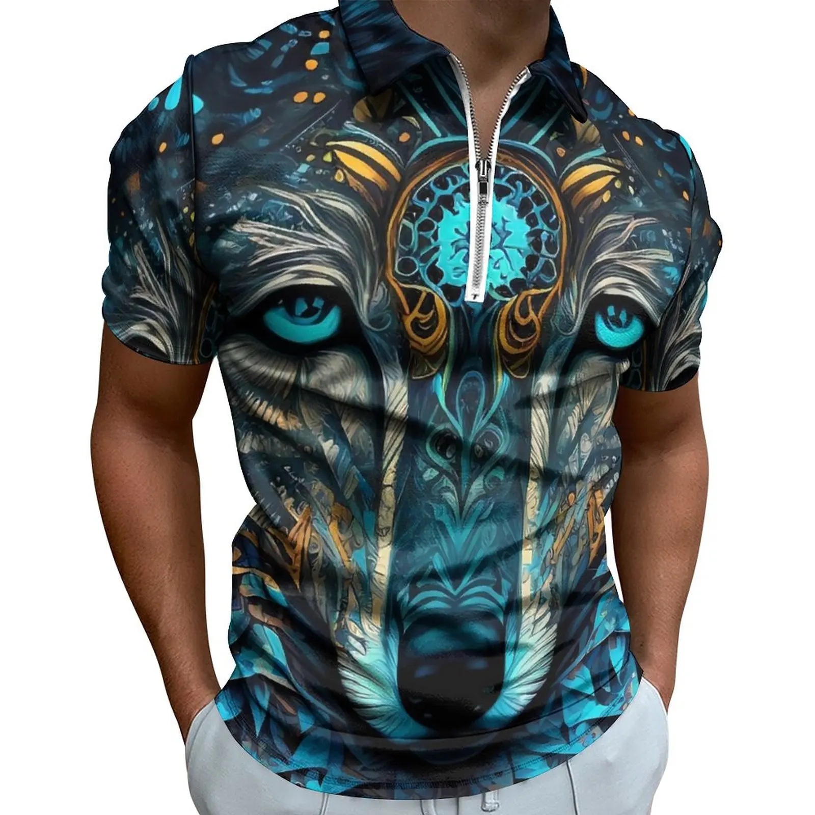 

Mandala Wolf Polo Shirts Male Funny Animal Casual Shirt Summer Streetwear Zipper T-Shirts Short-Sleeved Custom Oversized Clothes