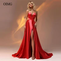 OIMG Red Satin A Line Long Evening Dresses Charming V Neck Side Slit Women Prom Gowns Simple Formal Party Celebrity Dress