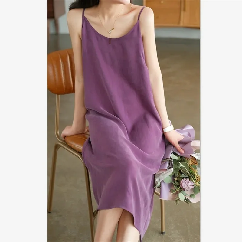 

Sexy Silky Cupro Summer Vest Dress Casual Women Spaghetti Strap Smooth Comfortable Clothing Solid Color Party Dresses Vestidos