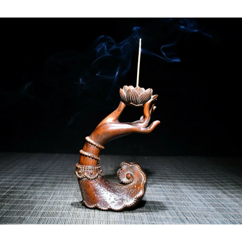 Chinese Exquisite Natural Boxwood Handmade Buddha's-Hand Lotus Joss-Stick