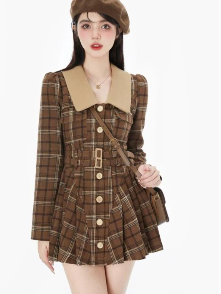

Vintage Plaid Dress Women Elegant Long Sleeve Dresses Preppy Style Autumn Winter Turn-down Collar Puff Sleeve Streetwear