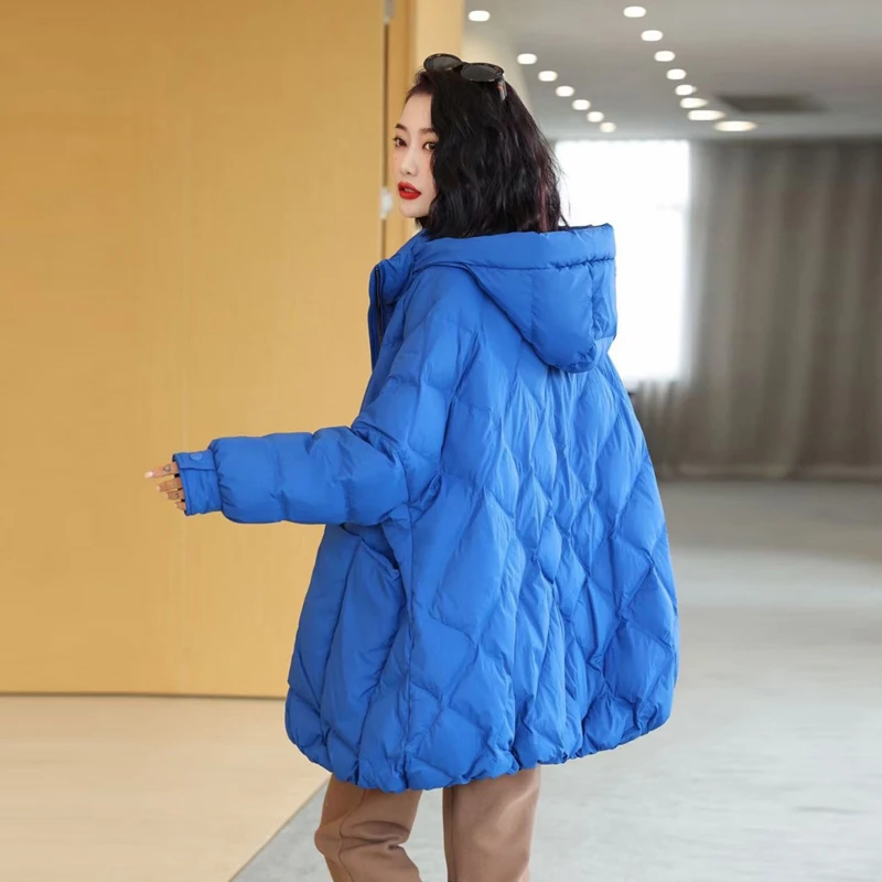 Women's winter down jackets Oversized Brown Pockets Hooded puffer jacket Casual Blue Long sleeve coat Ladies 2023 INKEO 2O338
