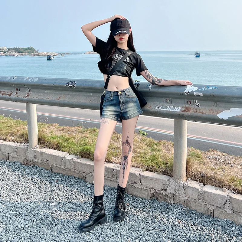 2023 Denim Shorts Women's Blue Commuter Free Shipping Summer New Spicy Girl Retro Made Old and Slim Fit Elastic Tight Wrap Hip