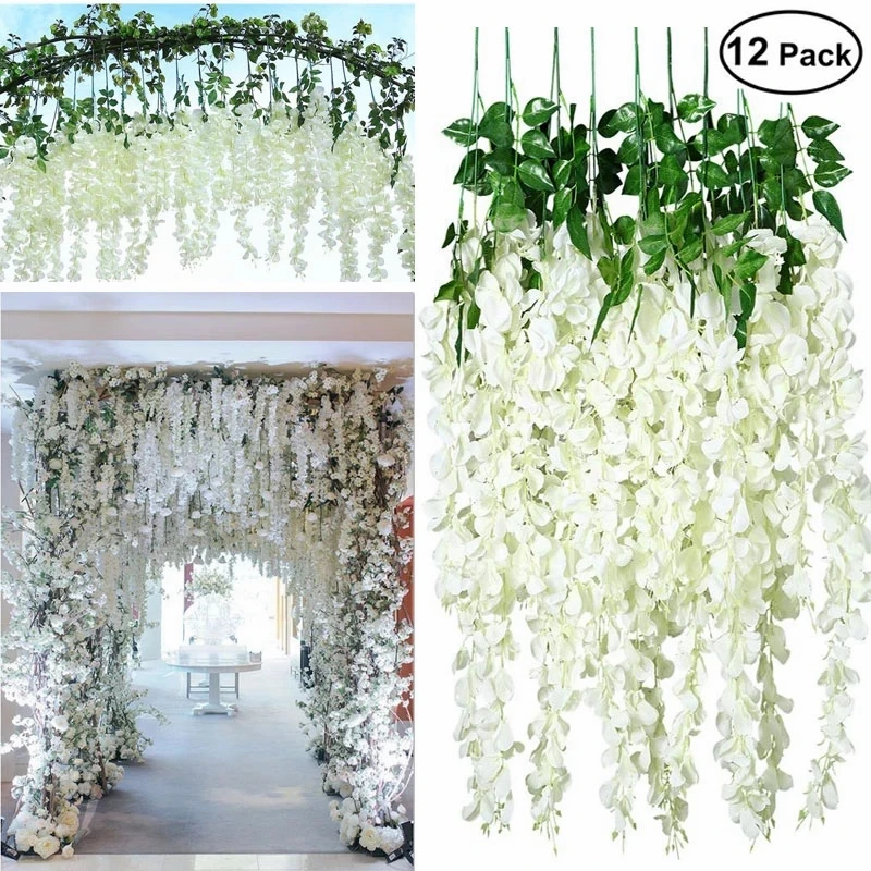 

12pcs Artificial Flowers Silk Wisteria Garland Vine Rattan Silk Hanging Flower for Home Garden Outdoor Wedding Arch Floral Decor