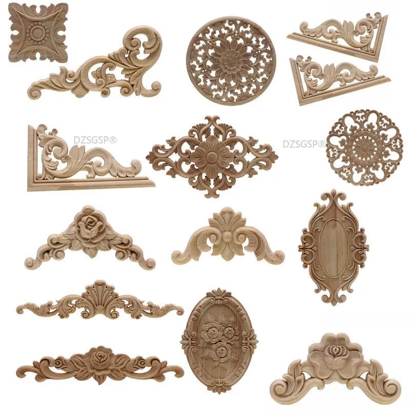 

Unique Natural Floral Wood Carved Wooden Figurines Crafts Corner Appliques Frame Wall Door Furniture Woodcarving Decorative