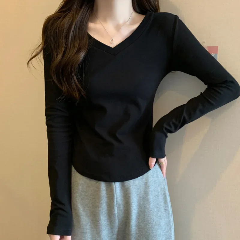 Женская футболка из чистого хлопка с v-образным вырезом и длинными рукавами новый