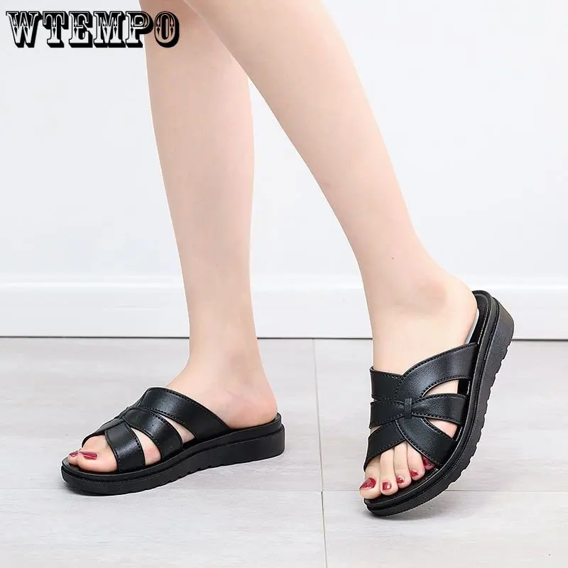 WTEMPO Summer Leather Women Slippers Outdoor Wear Wedges Soft Bottom Non-slip Seaside Women Sandals Mother Slippers Dropshipping